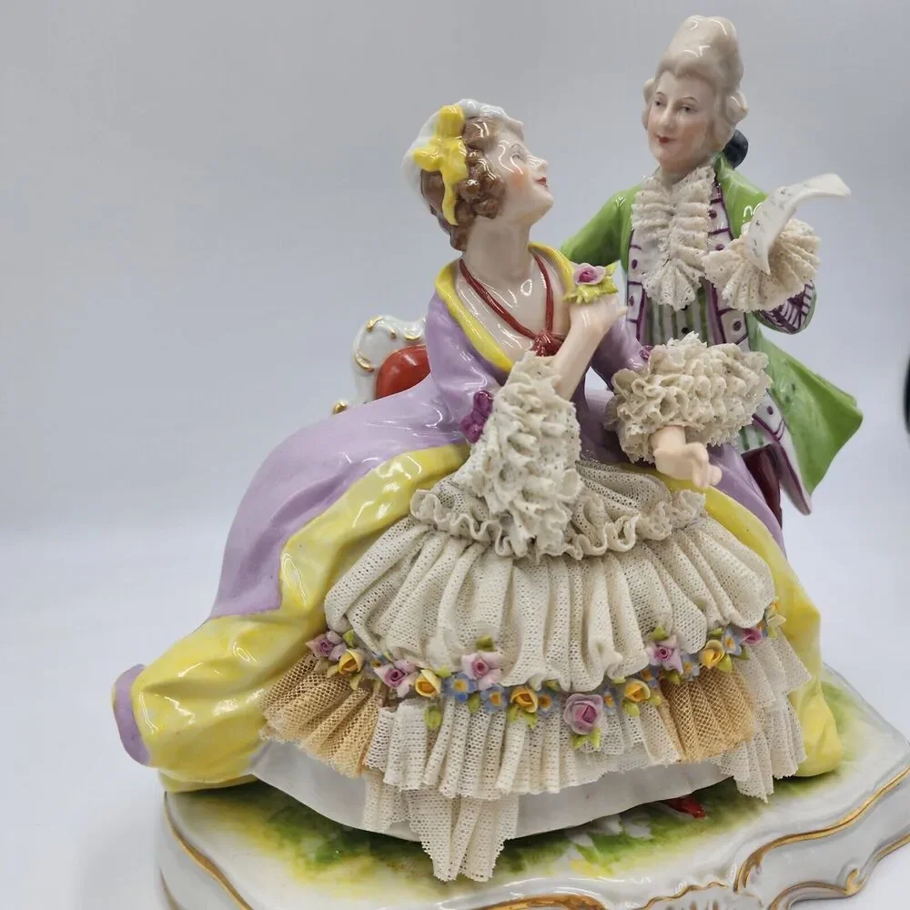 Antique Signed CARL THIEME Dresden Lace Potschappel Figurine Rococo Couple